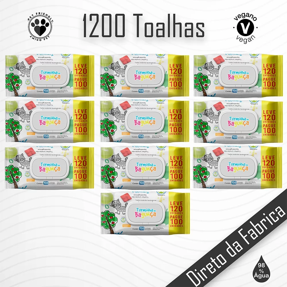 Kit 10 Pacotes Toalhas Umedecidas TURMINHA DA BAGUNÇA – 120 Folhas com tampa – 98% Água