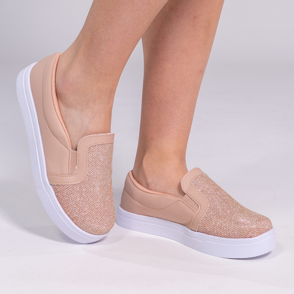 Tênis Slip On Feminino Casual Brilho Nude