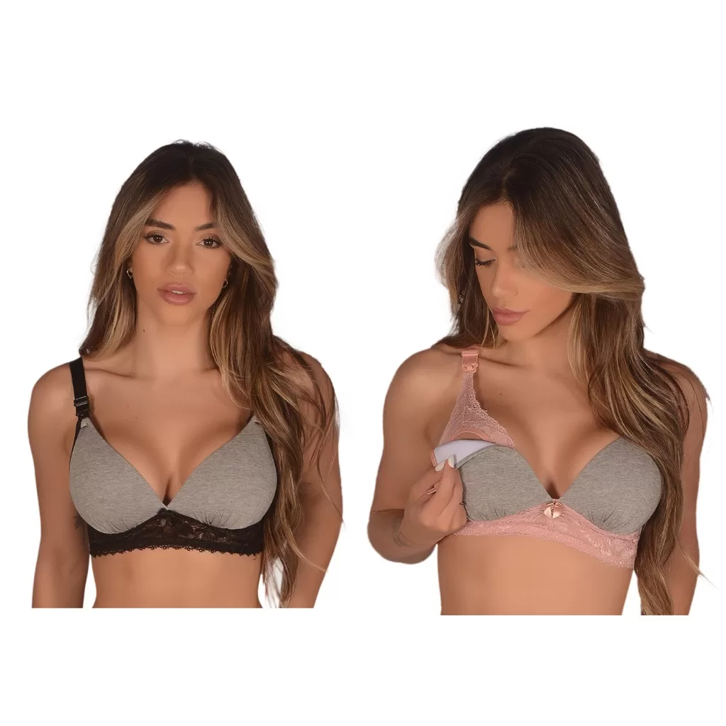 Kit 2 Sutiãs Amamentação de Bojo Confort Rendado Reforçado Feminino Soutien Pós Parto Sustentação pa