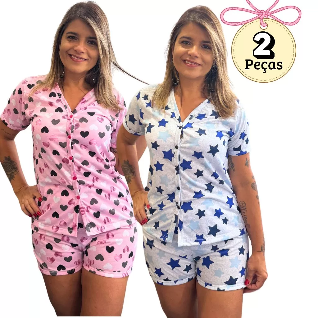 Kit 2 Pijama Amamentação Americano  Feminino em Malha Estampas Sortidas
