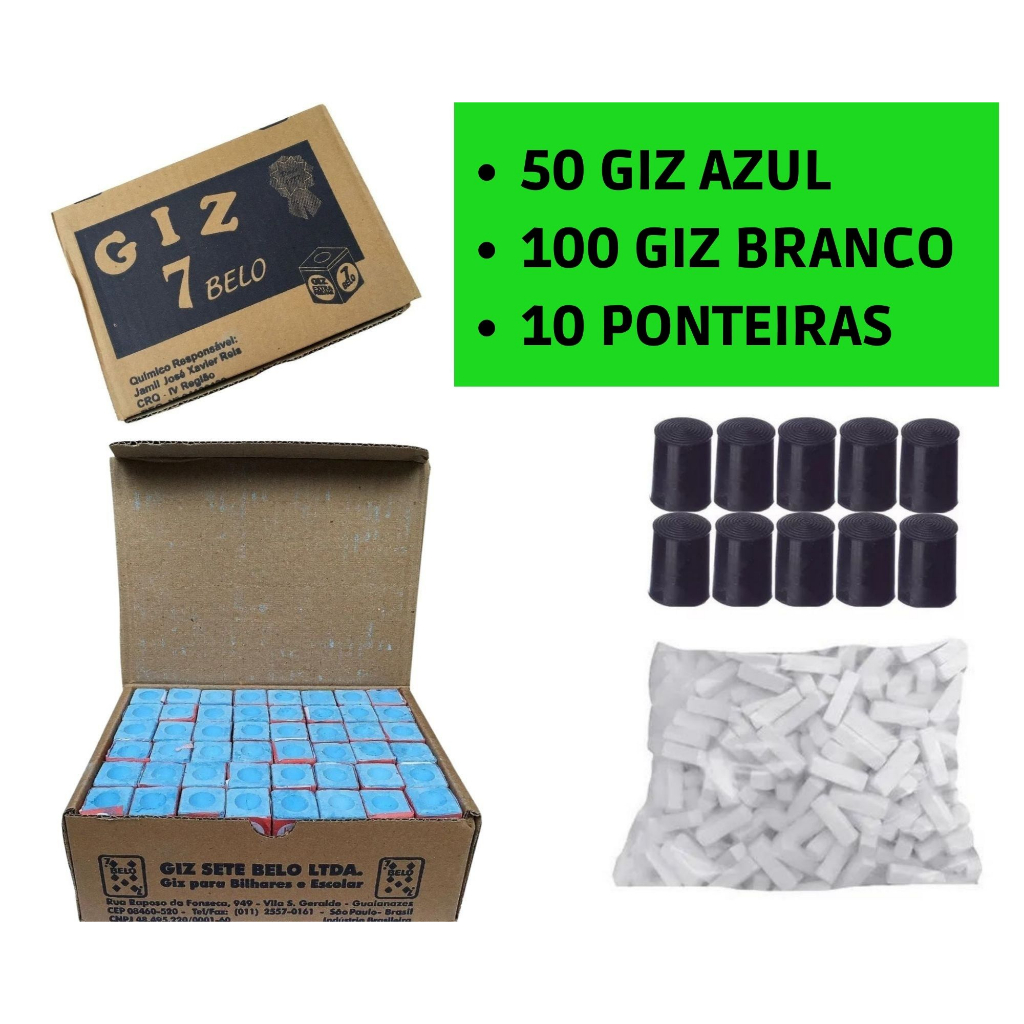 Kit Sinuca Bilhar – 100 Giz Branco + 50 Giz Azul 7 Belo + 10 Virolas Ponteiras Para Taco