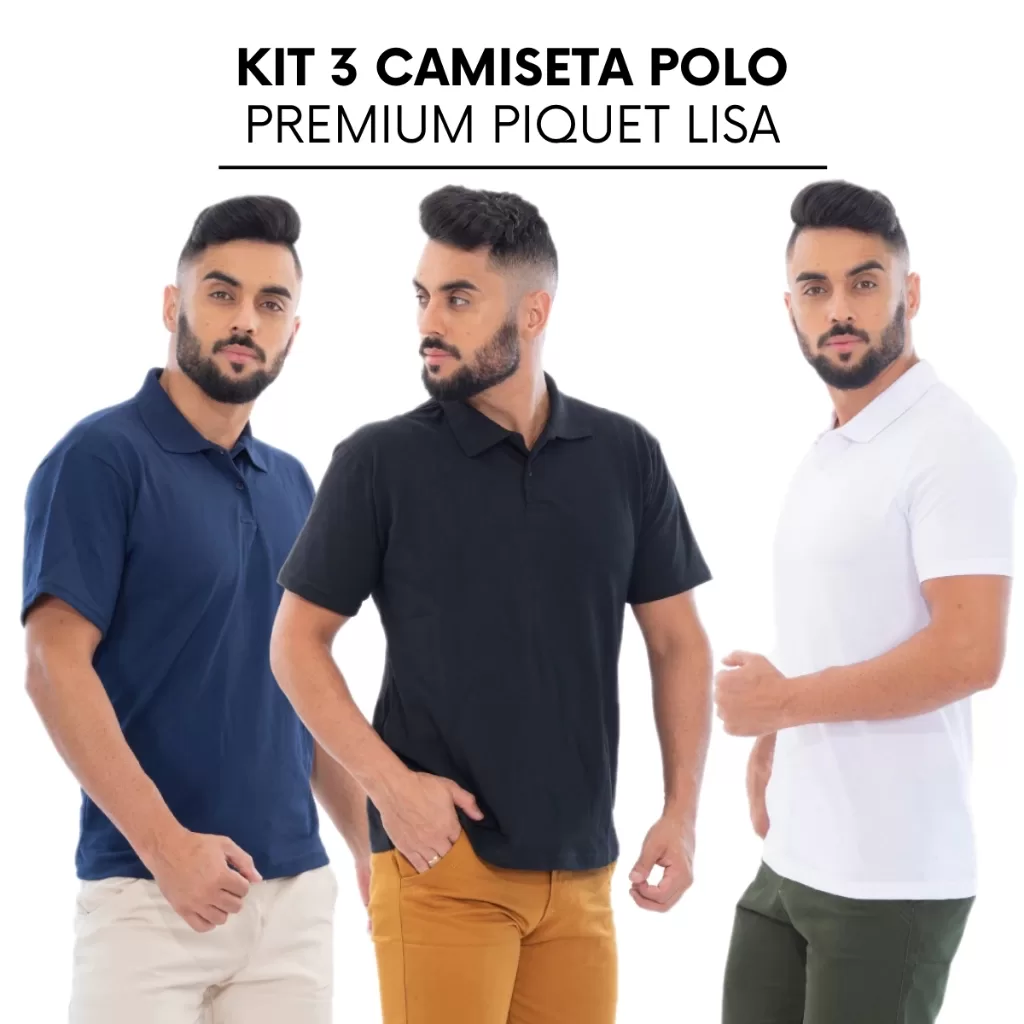 Kit 3 Camiseta Polo Premium Piquet Lisa Masculina Atacado Diversas Cores