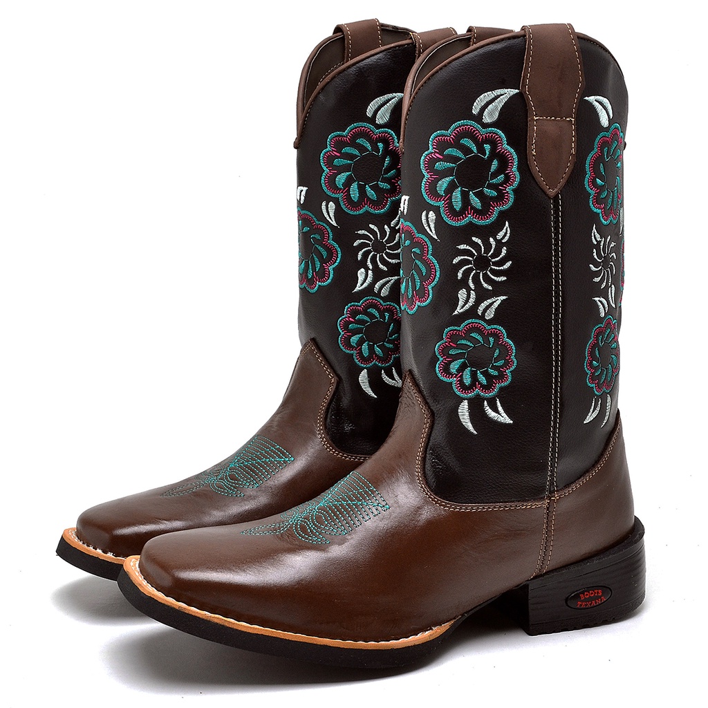 Bota Texana Bordada Com Flor Azul