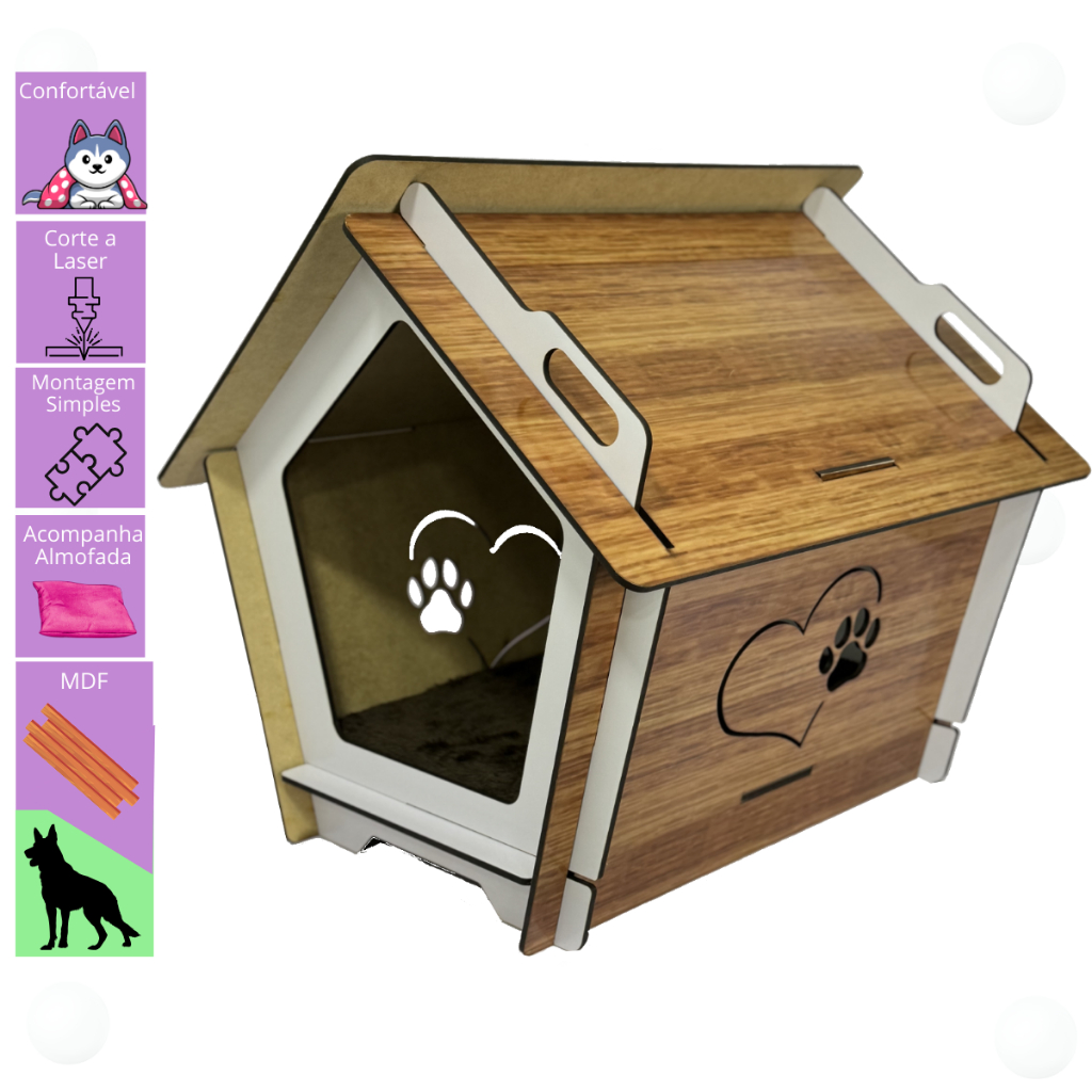 Casinha para Cachorro de Madeira MDF com Almofada de Pelúcia