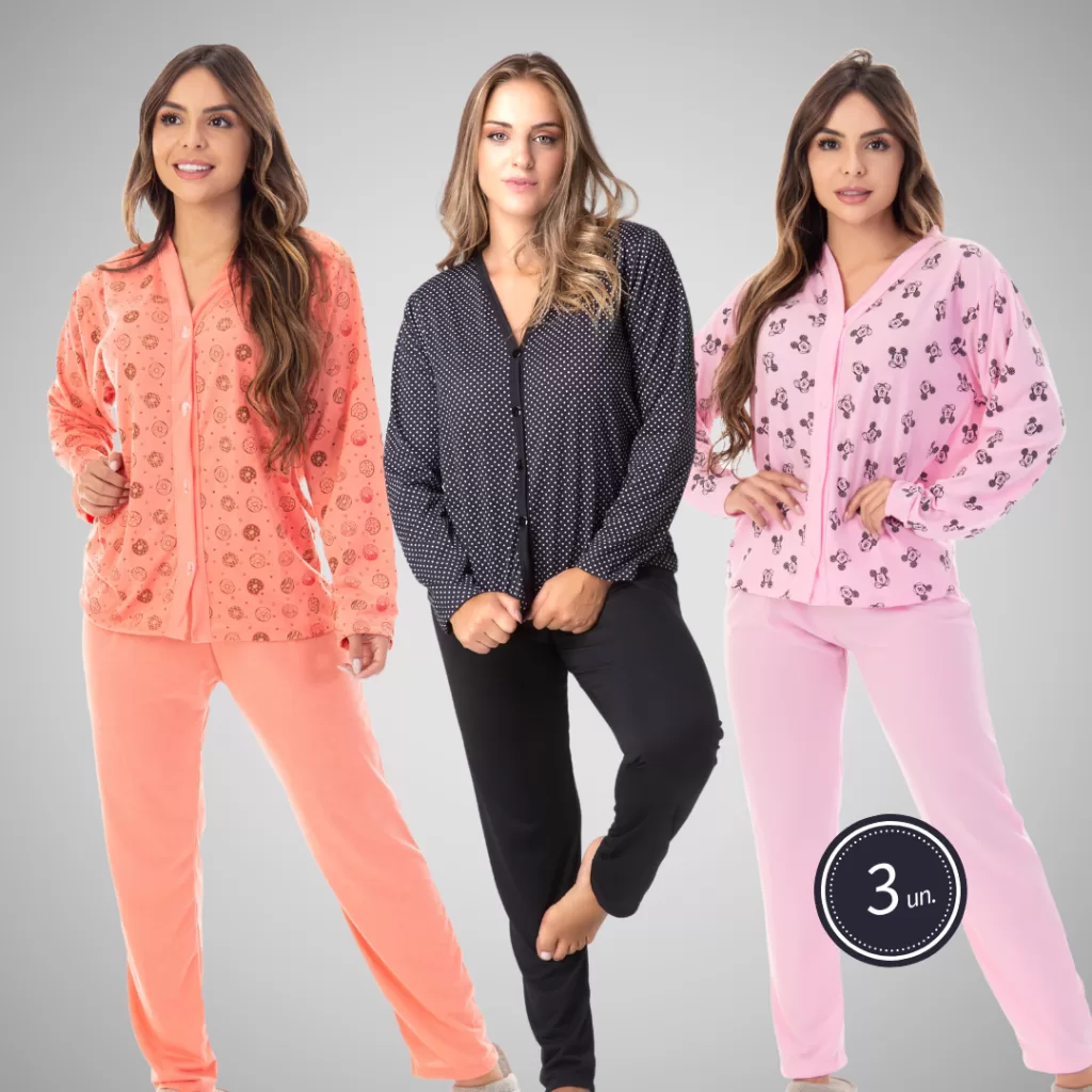 Kit 3 Pijamas Longo Sortido Estampado Conjunto Amamentação Maternidade Roupa De Dormir Botão Calça M