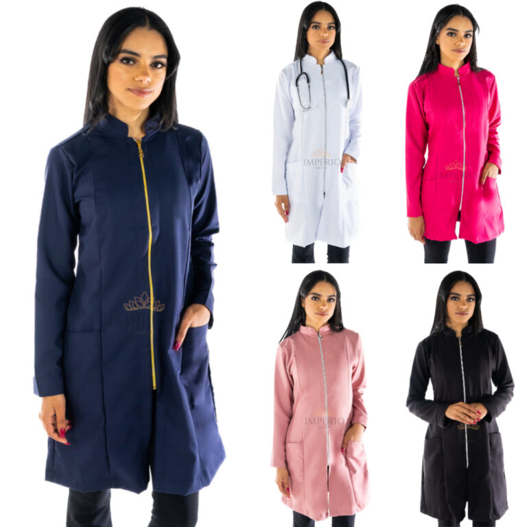 Jaleco Feminino Acinturado Oxford Com Zíper Gola 
