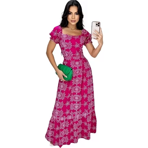 Vestido Longo Feminino Manga Curta Estampado Rodad