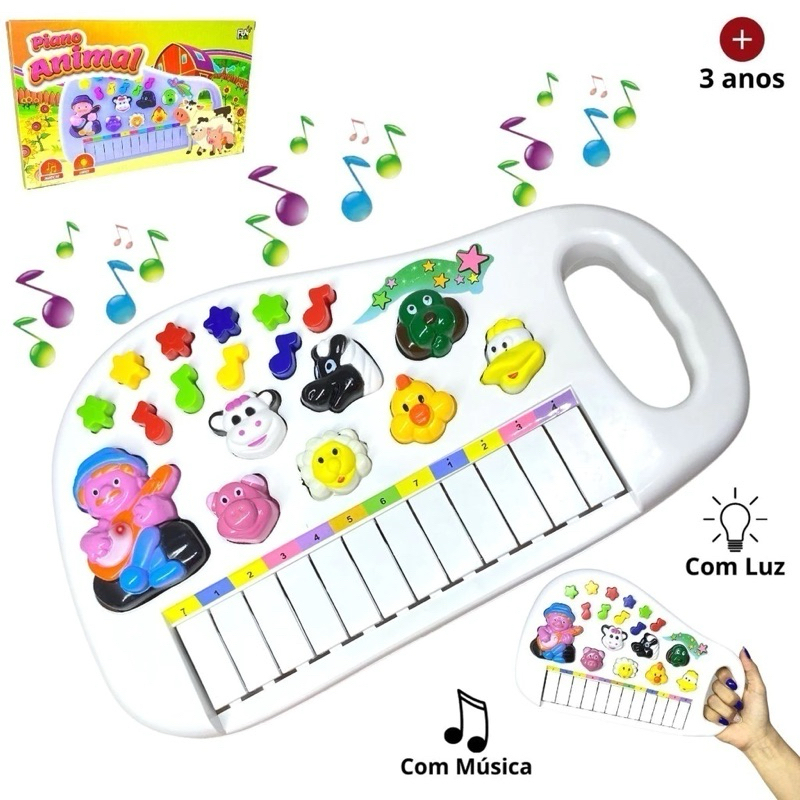 Teclado Musical Animal Fazendinha Educativo Bebe Criança Bichos Cor Branco Cocorico