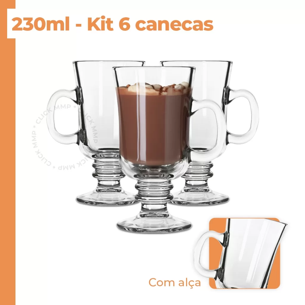 Kit 3/6 Canecas Vidro Capuccino Versátil Premium Com Alça 230ml/120ml