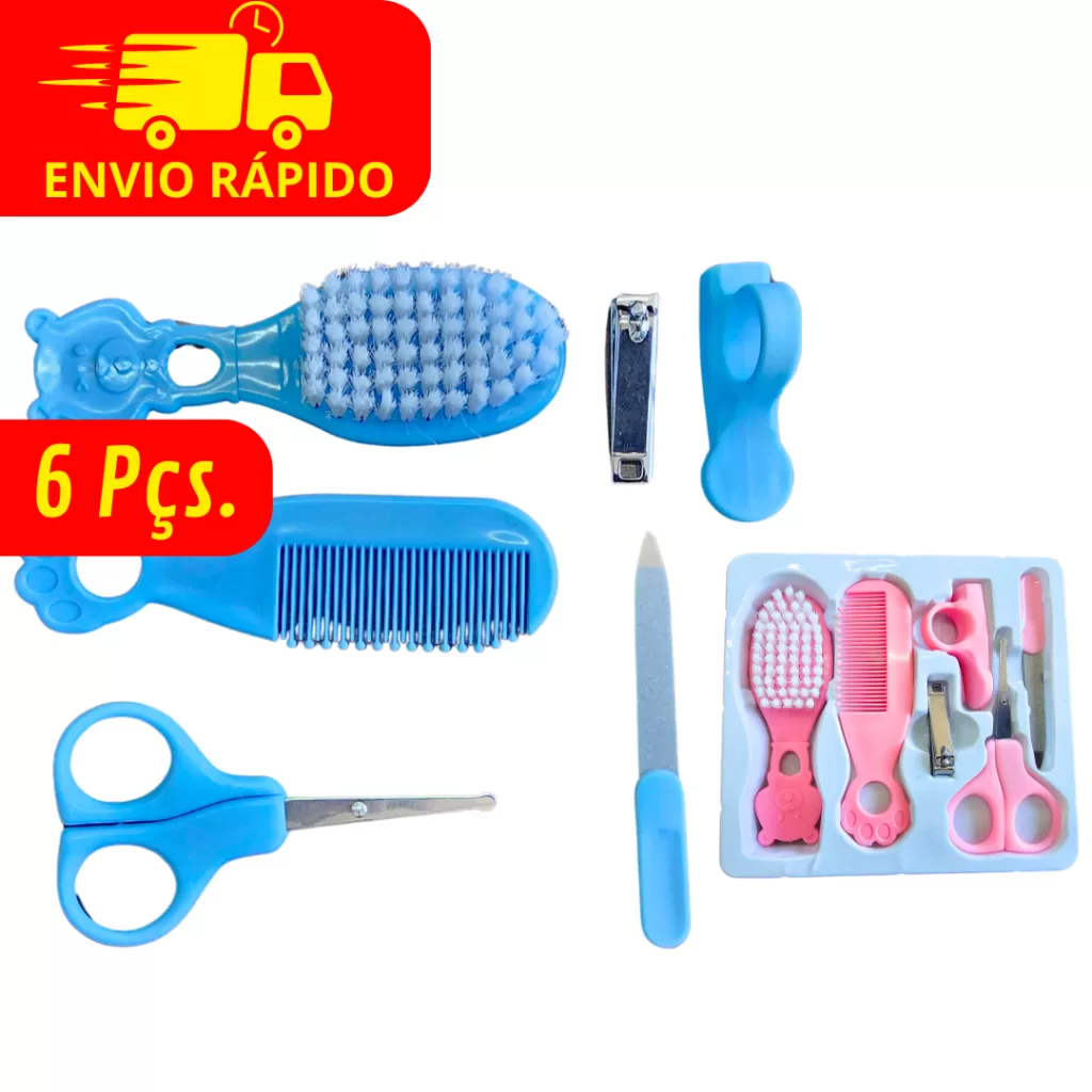 Kit Higiene Infantil Tesoura Sem Ponta Lixa Trim Escova de Algodão e Pente Fino