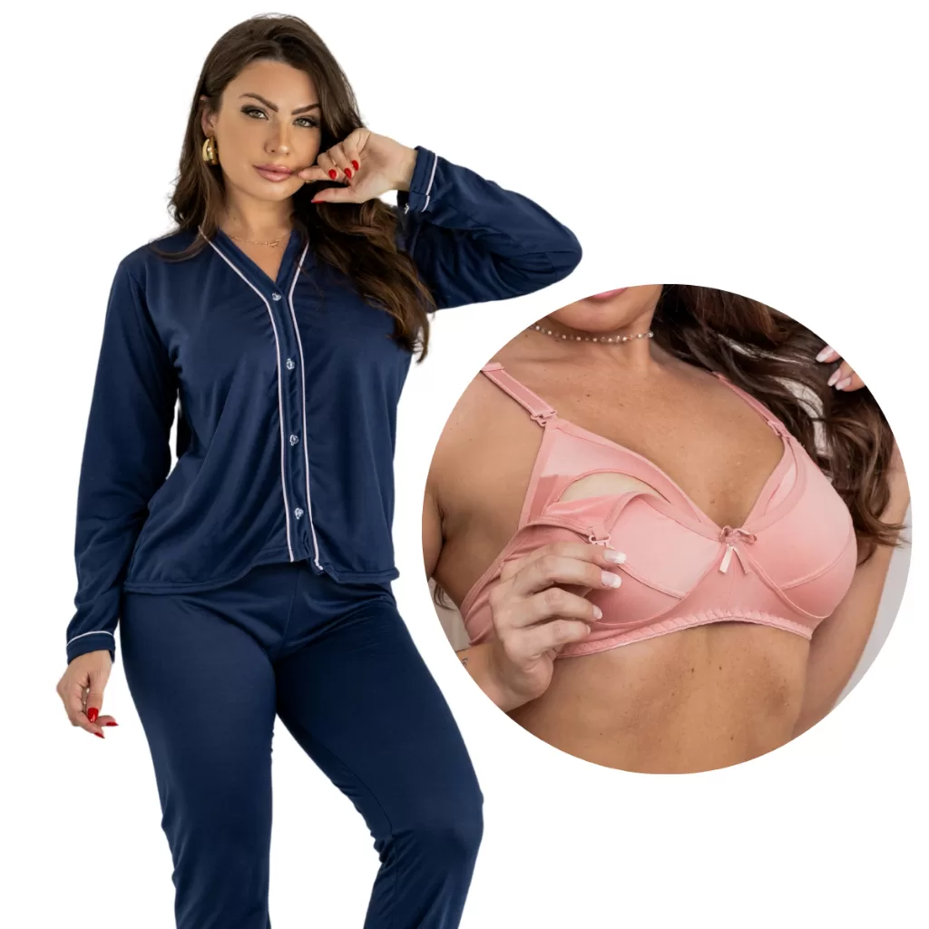 KIT 1 pijama americano de botão e 1 sutiã amamentação sem bojo