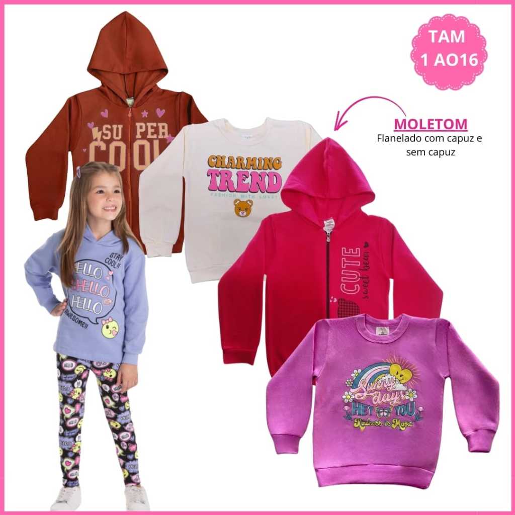 Kit 2  Blusa de Moletom Infantil Menina Feminina Juvenil  Flanelada Quentinha Inverno  do 1 ao 16
