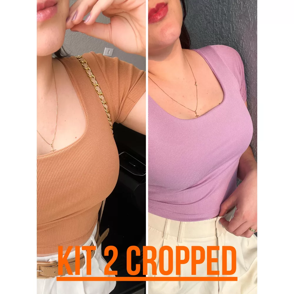 Kit 2 Blusa Cropped Feminino Manga Curta Gola U Canelado Ribana Elegante Casual Verao TendenciaNatal