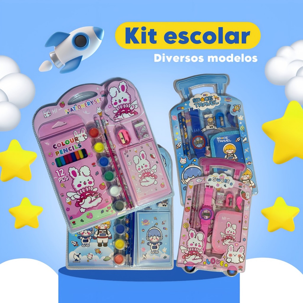 Kit Escolar Infantil Com Lápis Borracha Carteira E Relógio