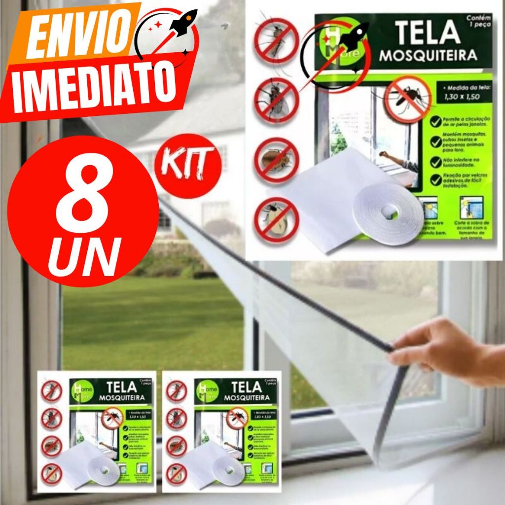 Kit Com 8 Tela Mosquiteiro 1,50 X 1,30 Anti Insetos Mosquitos Dengue Pernilongos Velcro Prático Casa