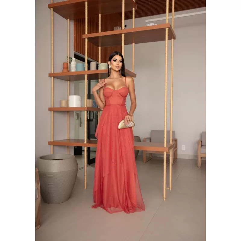 vestido de festa longo madrinha formatura casamento convidada debutante elegante terracota