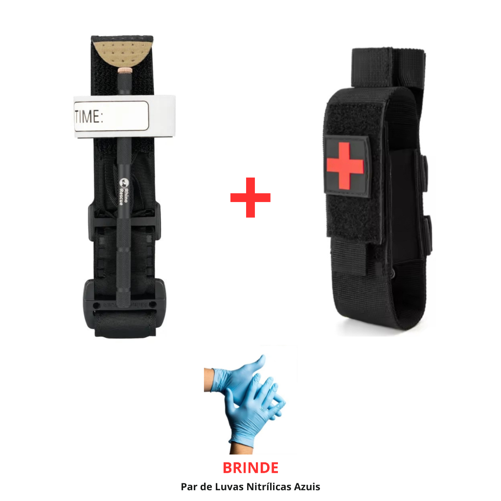 Kit APH Tático Torniquete + Porta Torniquete Modular + Luvas RHINO RESCUE ANVISA MARC1 ISO FDA