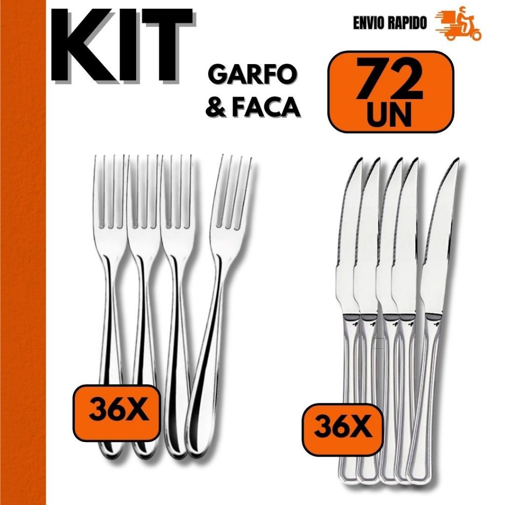 Conjunto  Jogo de Talher 72pçs – 36 Garfo, 36 Facas Inox para Jantar Almoço Refeição em Bar Restaura