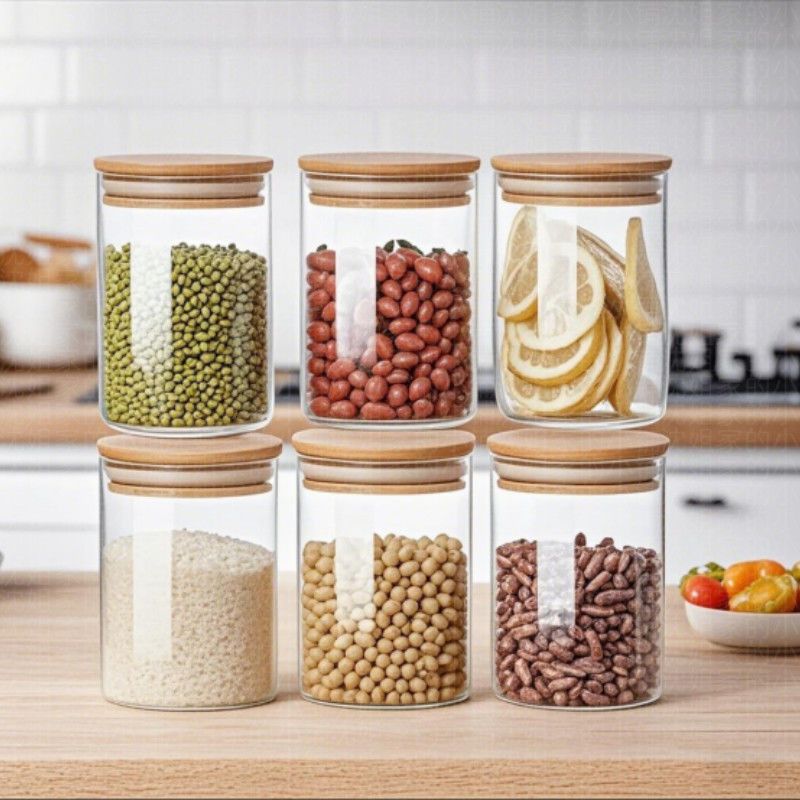 Kit 6 Potes Para Alimentos Com Tampa Bambu Potes De Vidro Hermético Para Especiarias