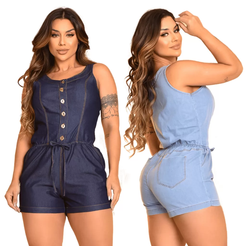 Macaquinho Jardineira Jeans Feminina Short Alcinha Sem Lycra Tendencia Verão