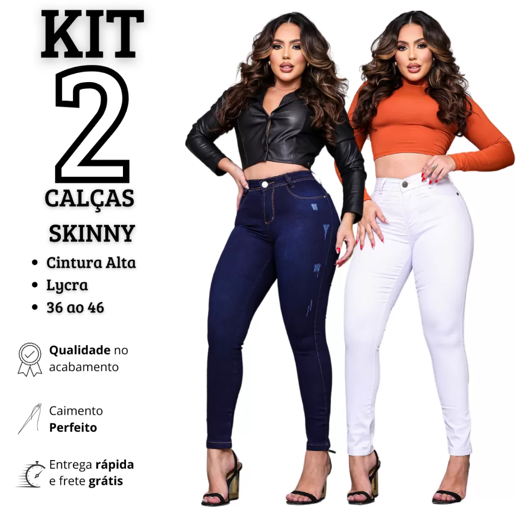 Kit Calças Jeans Skinny Femininas Lycra Cintura Alta Modela Corpo Chapa Barriga Strech Confortável