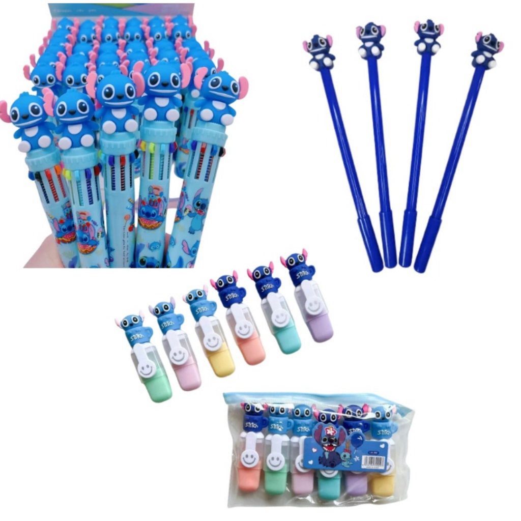 KIT PAPELARIA FOFA KAWAII STITCH (1 ESTOJO 6 MARCA TEXTO + 1 CANETA 10 CORES + 1 CANETA ESFEROG)