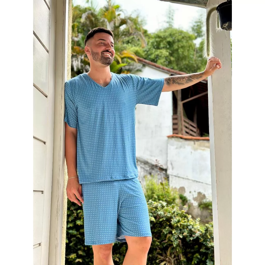 Pijama Estampado Masculino Manga Curta Short Linha Noite Suede