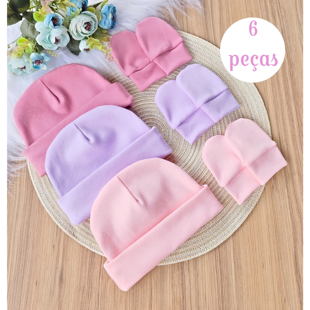 Kit 3 Touca e 3 Luva Para Bebê Recém Nascido 100% Algodão Antialérgico Maternidade