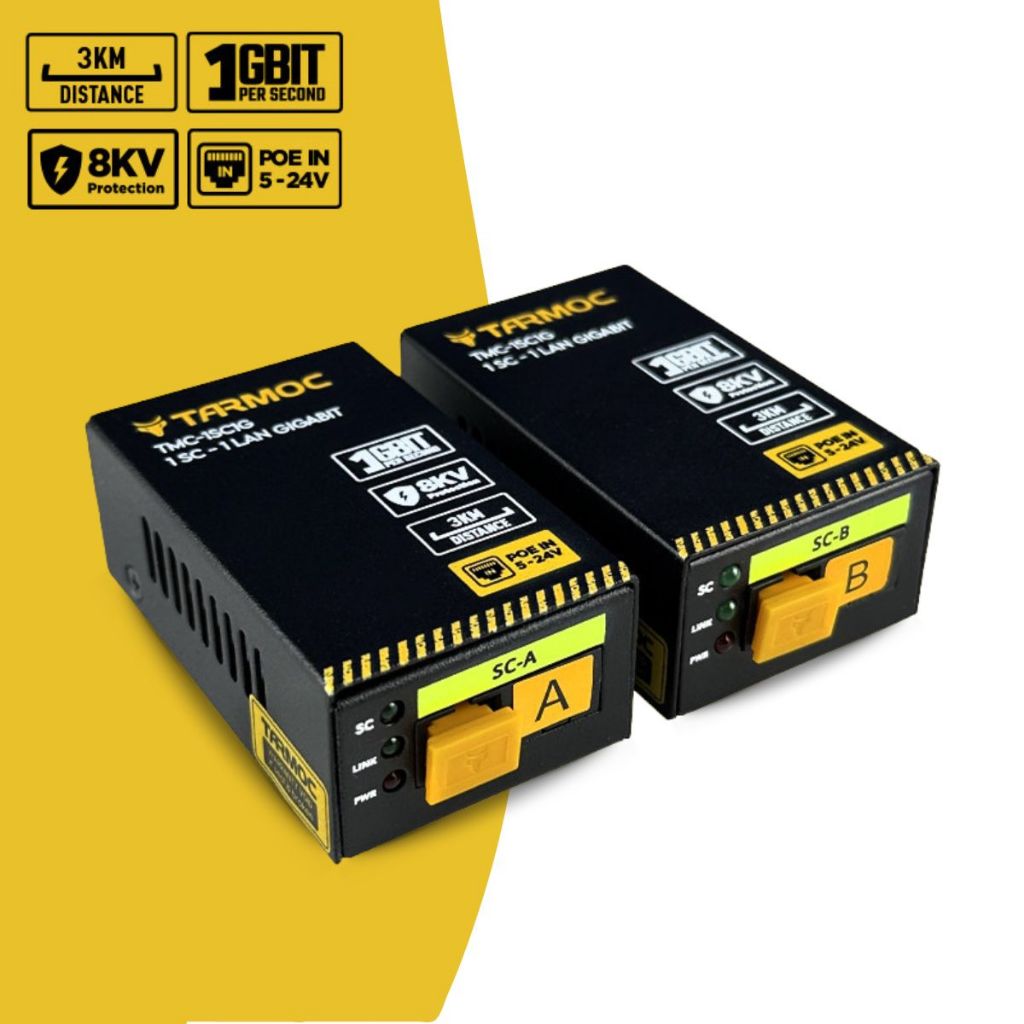 PAR DE CONVERSOR DE MÍDIA FIBRA ÓPTICA TARMOC TMC-1SC1G-P-V1 A+B 1 PORTA RJ-45 1Gbps 1 PORTA SC 3KM