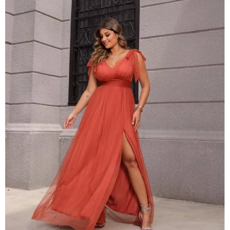 vestido de festa longo madrinha formatura casamento convidada debutante elegante tule terracota bril