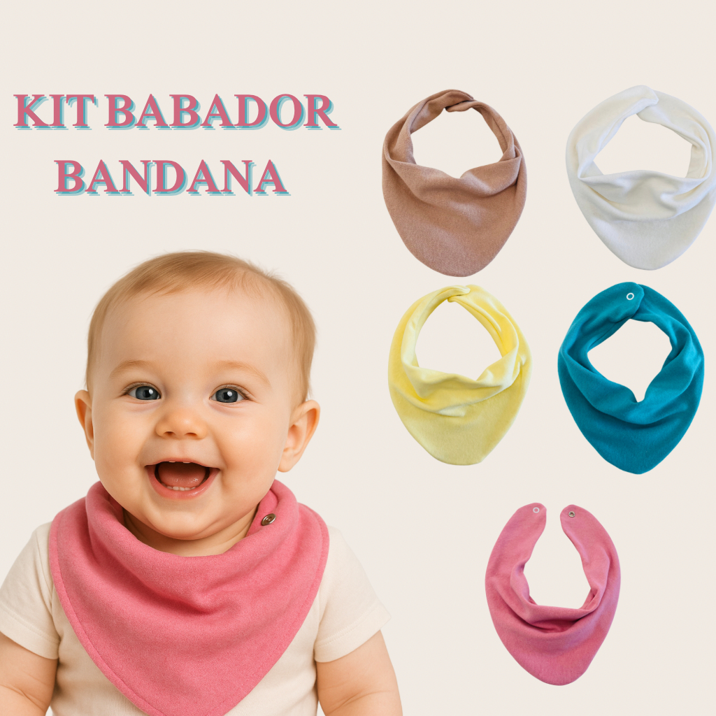 Kit com 5 Babador Bandana Bebê Infantil Cores Sortidas 100% Algodão Suedine