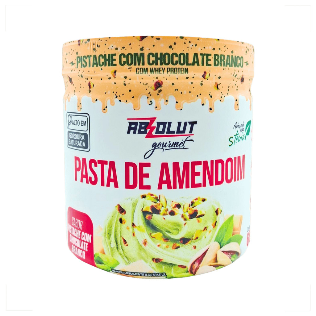 Pasta de Amendoim Gourmet Sabor Pistache Com Chocolate Branco com Whey Protein 650g Marca Absolut