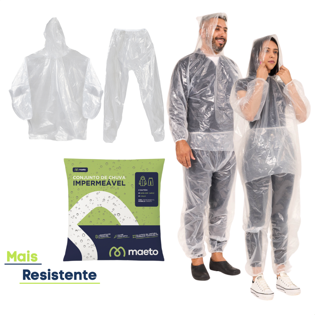 Conjunto Capa de Chuva Transparente com Elásticos Bata Calça Capuz Reutilizável Resistente