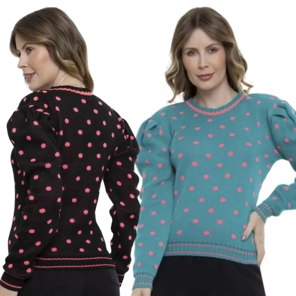 Blusa Feminina Tricot Manga Longa Inverno Detalhe Bolinhas Estilosa Básica Casual