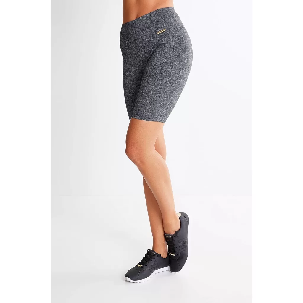Bermuda Feminina Lisa Cinza Mescla Escuro Suplex Moda Fitness Ciclista Não Transparente Cintura Alta
