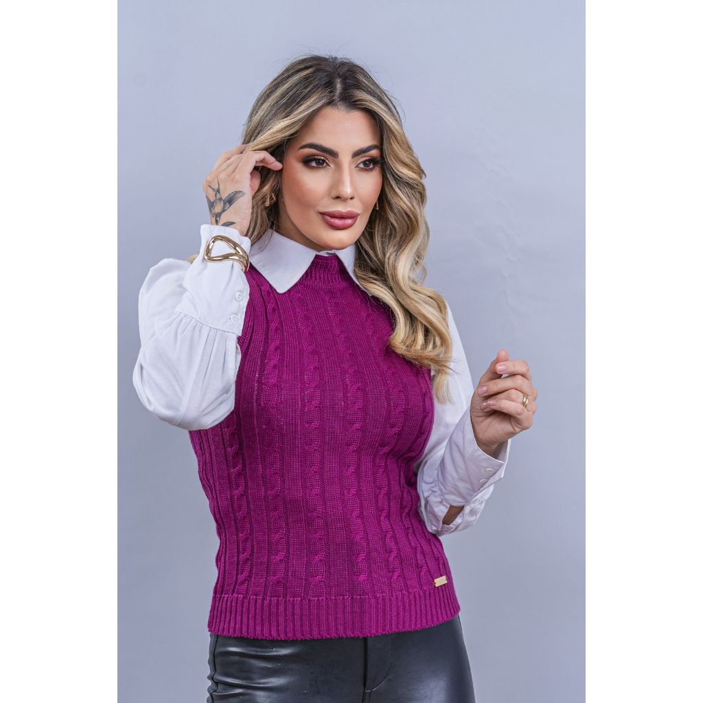 Garrafinha Colete Trança Blusinha Tricô Moda Feminina Elegante Inverno Verão Charmilly Tricot