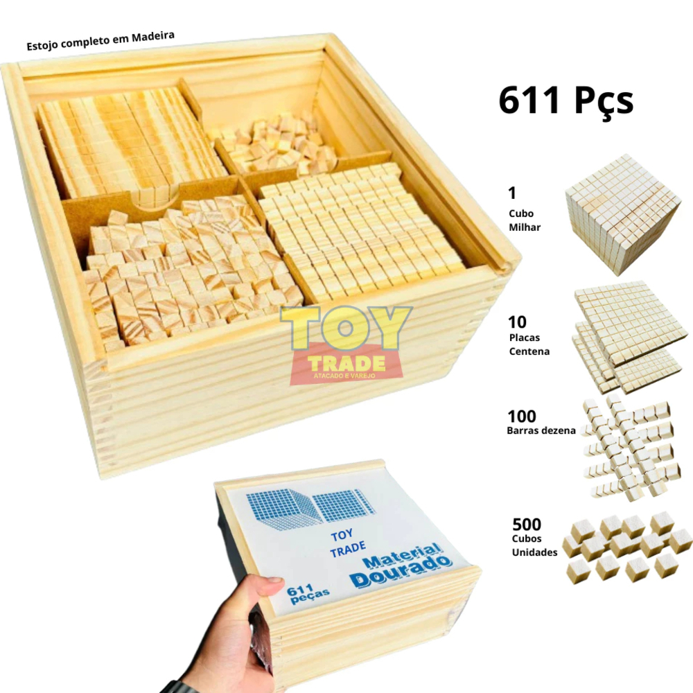 Material Dourado 611 Peças em Madeira- 1 Cubo Milhar, 10 Placas, 100 Primas e 500 Cubos Unidade