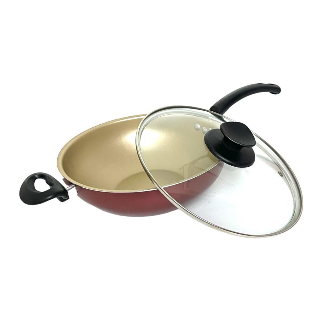 Frigideira Wok Funda Antiaderente C/ Tampa de Vidro No24
