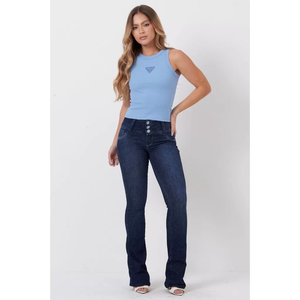 Calça Jeans Feminina Flare Cós Alto Planet Girls Jeans Escuro