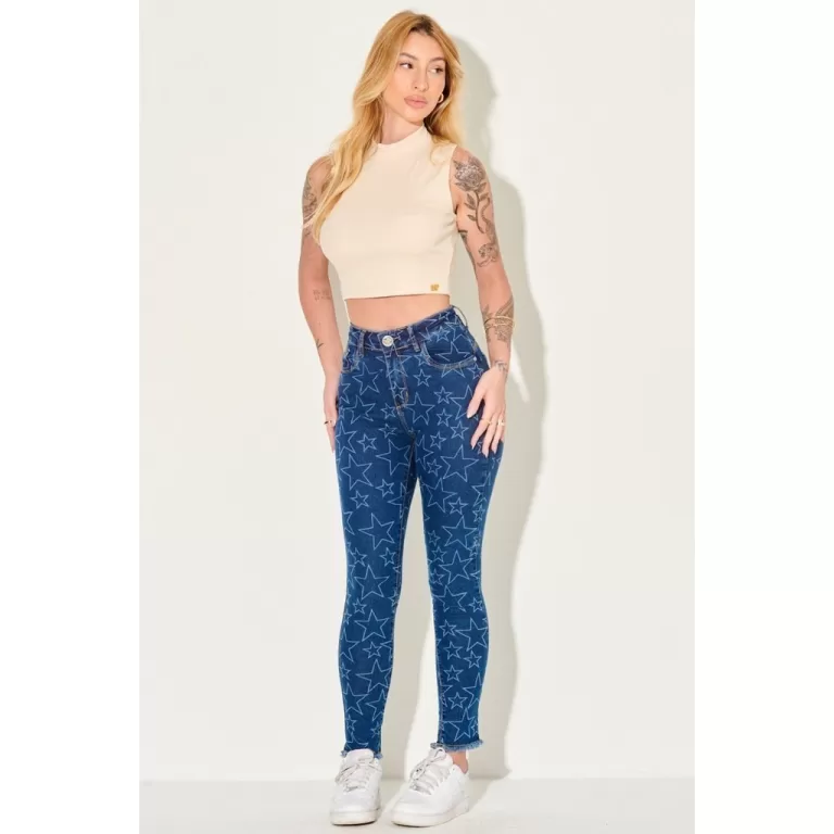 Calça Jeans Feminina Skinny Estrela Vazada Planet