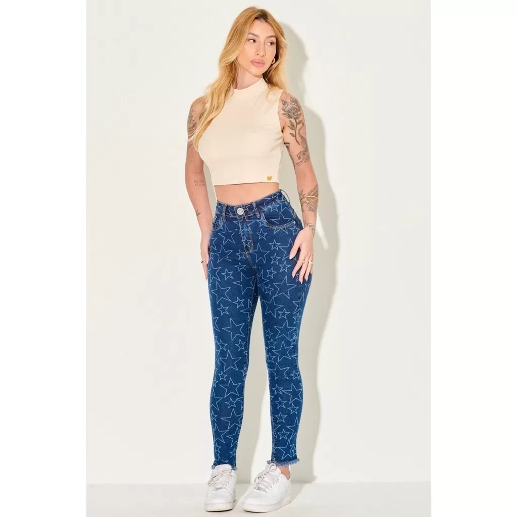 Calça Jeans Feminina Skinny Estrela Vazada Planet Girls Jeans Médio
