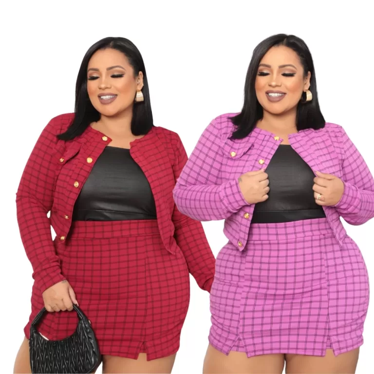 Conjunto Xadrez Plus Size: Casaco com Bolso e Bot