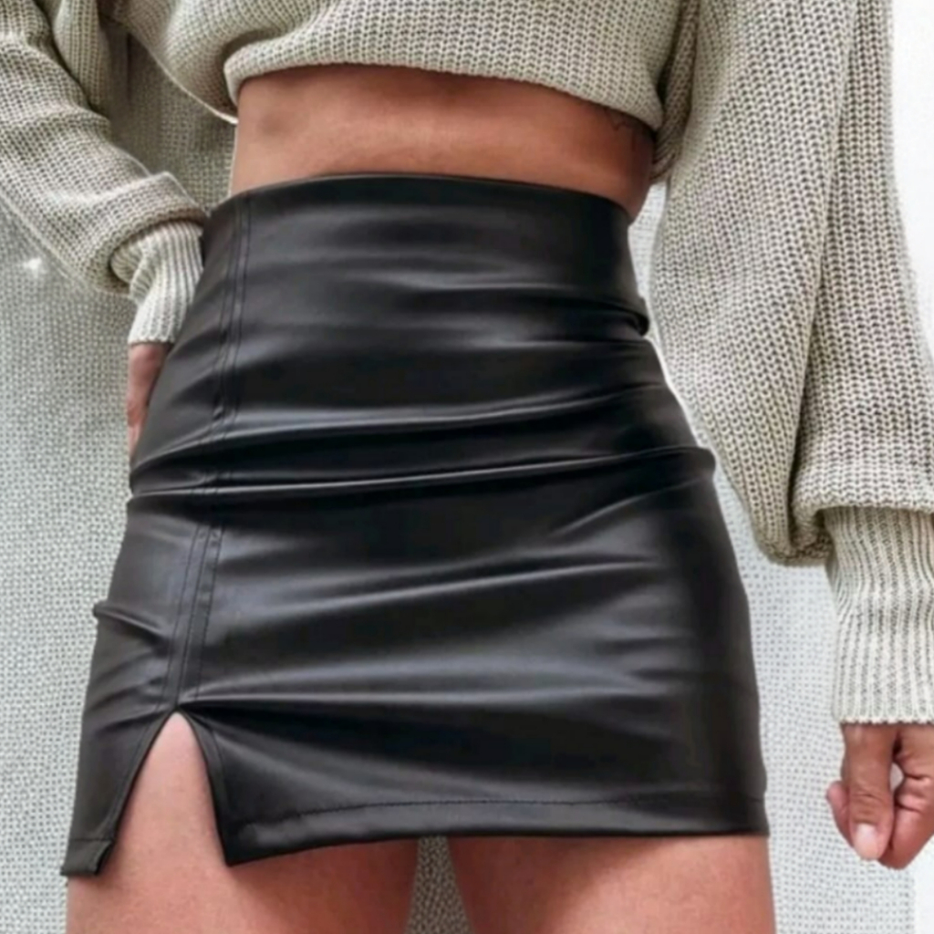 Saia De Couro Feminina Com Ziper Cintura Alta Abertura Lateral Estilosa
