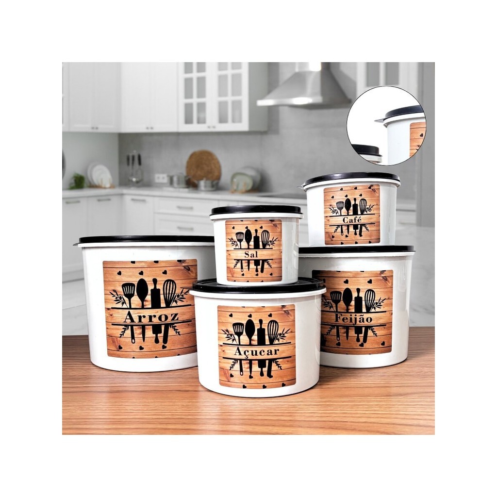 Kit Potes De Mantimentos Para Cozinha Kit Com 5 Potes Plastico  preto x madeirado