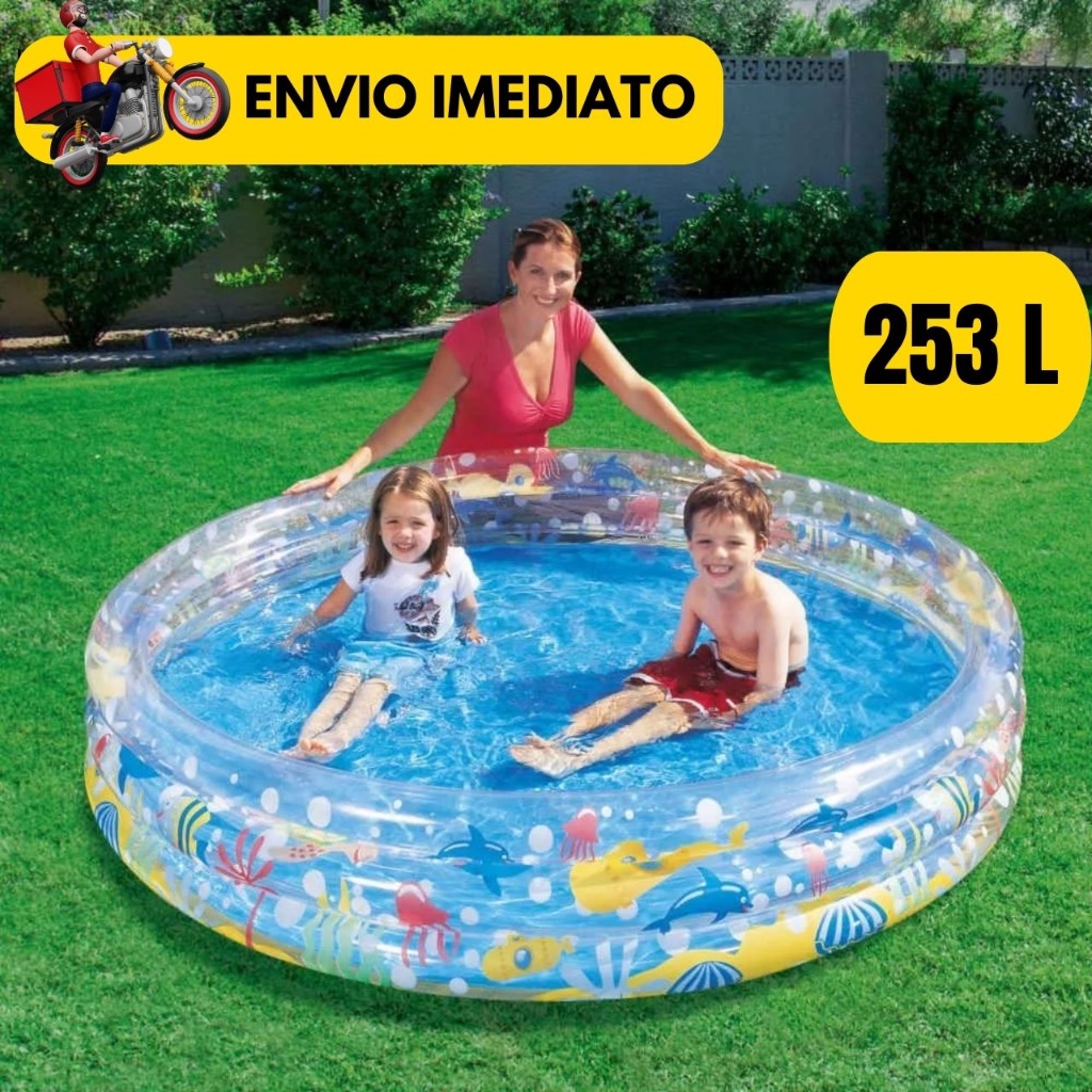 Piscina Inflável Infantil 3 Anéis Transparente 253 Litros Fundo Do Mar Para Crianças, Bebes, Campo,