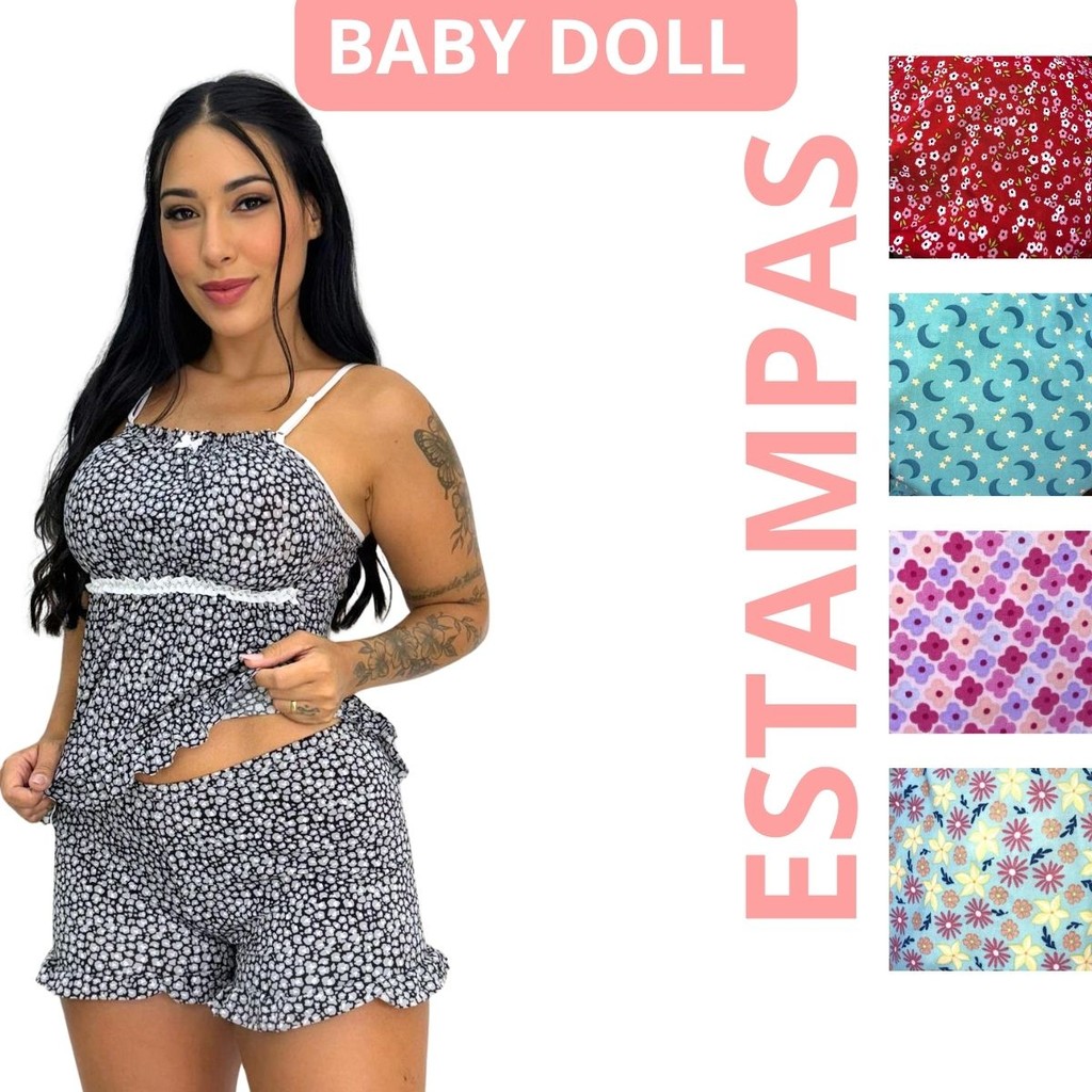 Baby Doll Liganete de Alcinha Estampado Feminino Pijama Noite