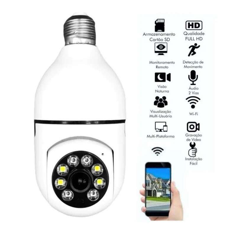Câmera Lâmpada WiFi 360° HD com Visão Noturna 