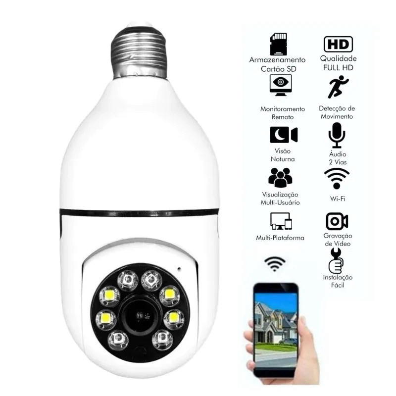 Câmera Lâmpada WiFi 360° HD com Visão Noturna e Detecção de MovimentoMonitoramento Remoto Segurança