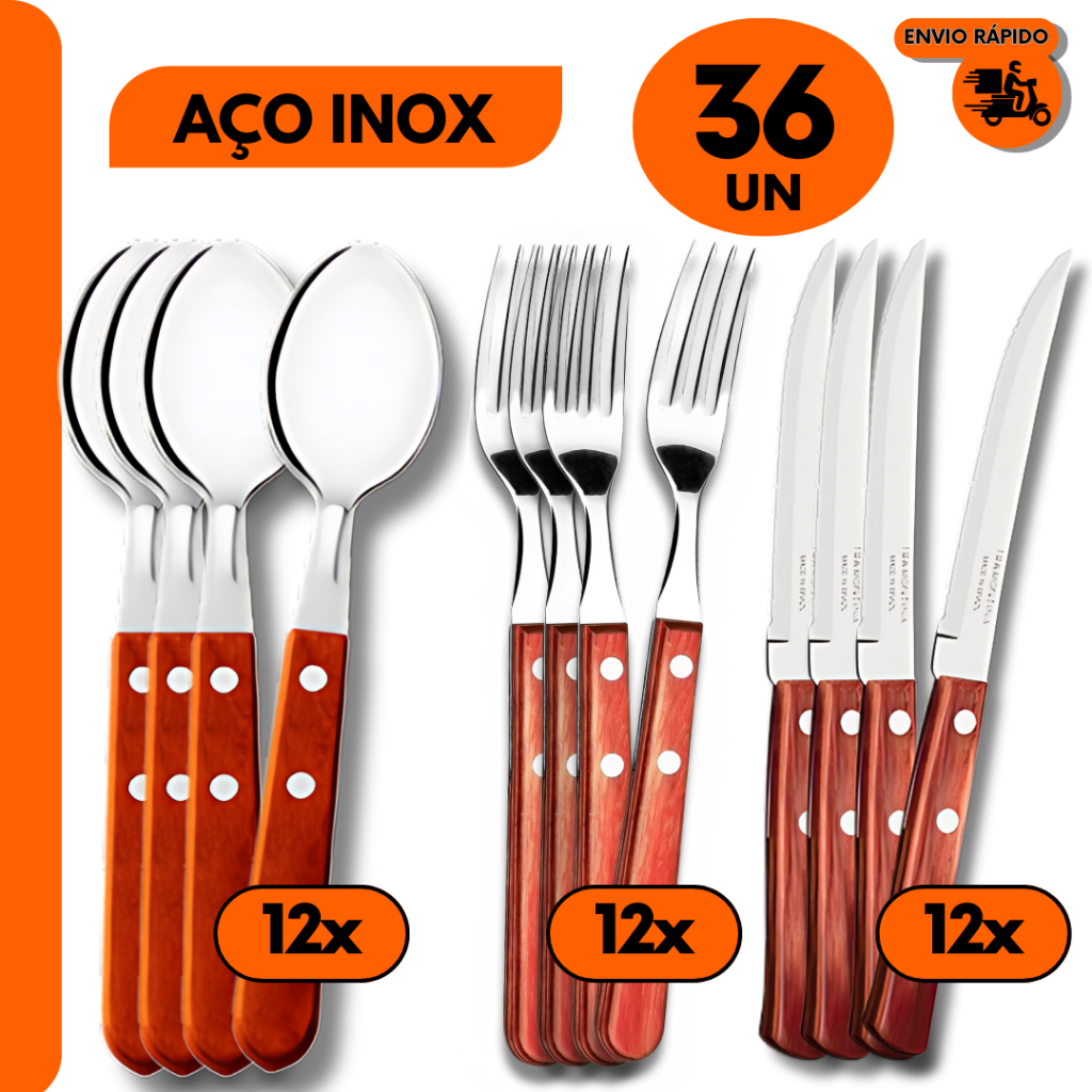Combo 36- Talher Garfos Facas e Colher Cabo de Madeira Inox Churrasco Bar Restaurante Churrascaria
