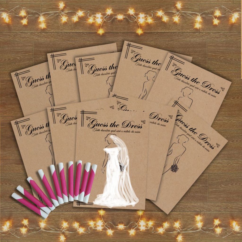 Guess The Dress – Kit completo com Giz – Brincadeira Adivinhe o Vestido da Noiva para Chá de panelas